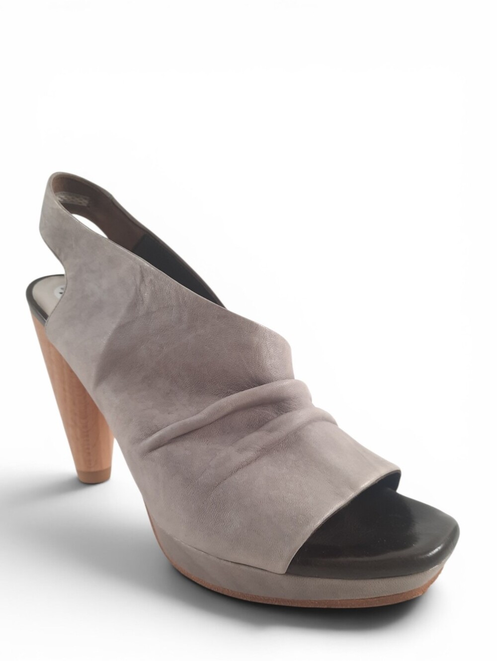 COCLICO Ruched Sandals Platform Leather Heeled Gray Open Toe Slingback 7.5